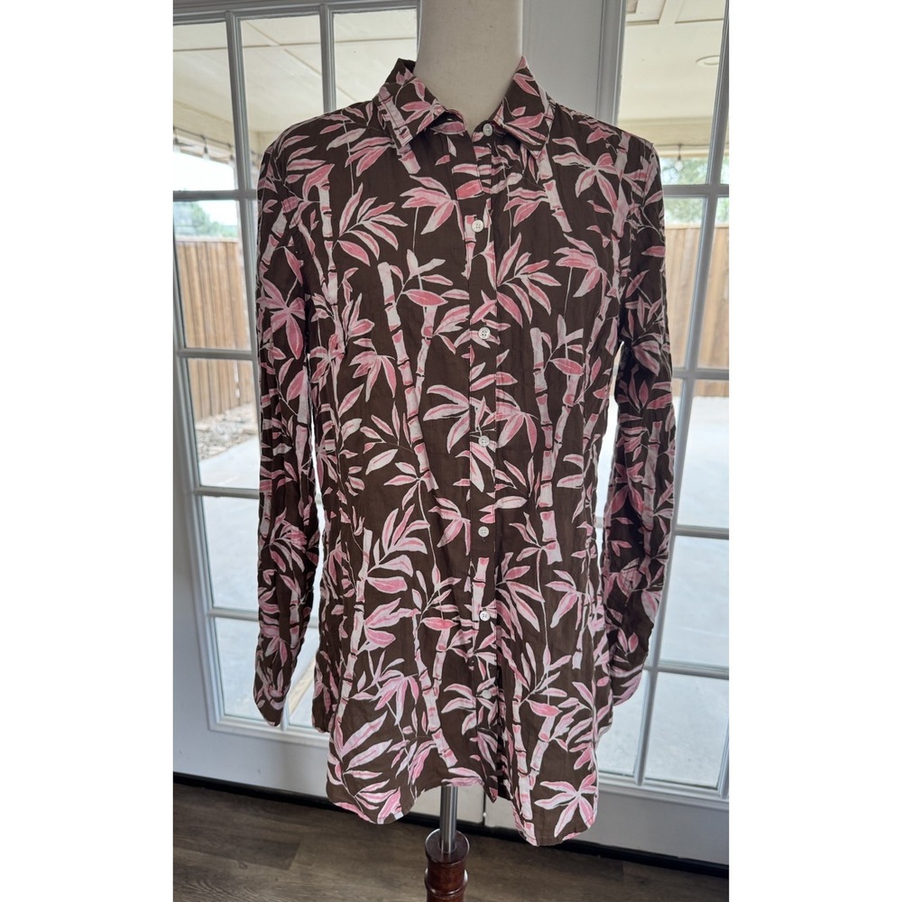 J McLaughlin Cotton Tunic Top Blouse Long Button Down Bamboo Brown Pink Medium